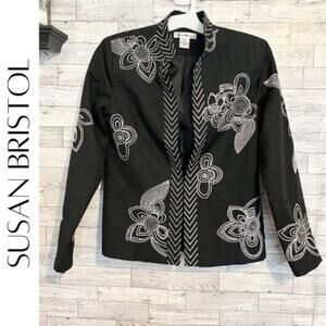 SUSAN BRISTOL Black & White Silk Blend Embroidered Jacket ~ Blazer, S